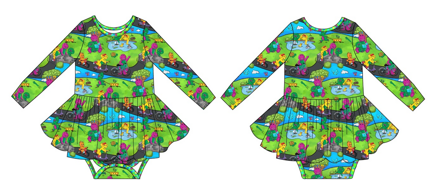 Purple Dinosaur Long Sleeve Bodysuit Twirl (Daywear)