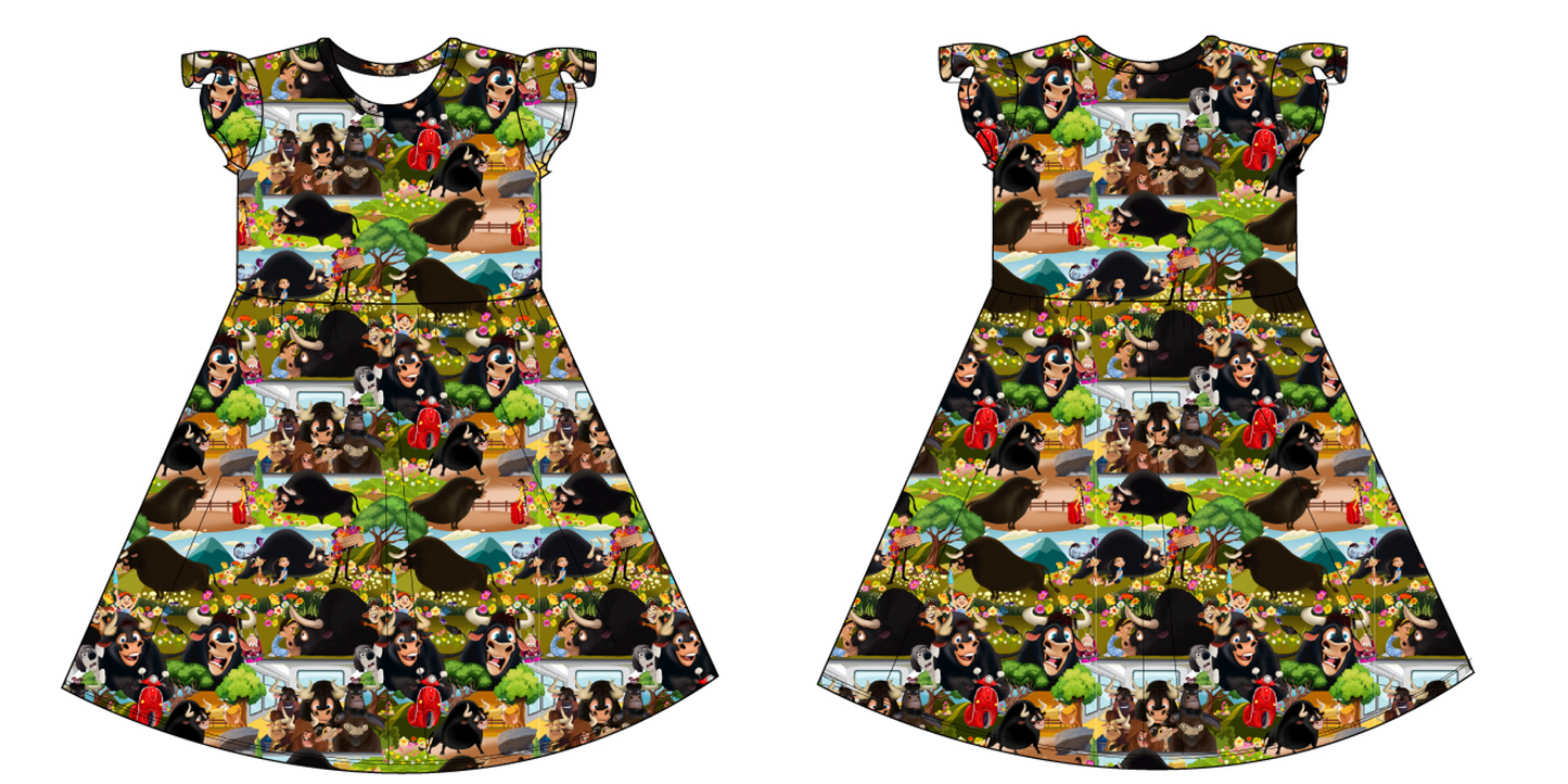 Flower Bull Short Sleeve Twirl Dress with Flutter Sleeves