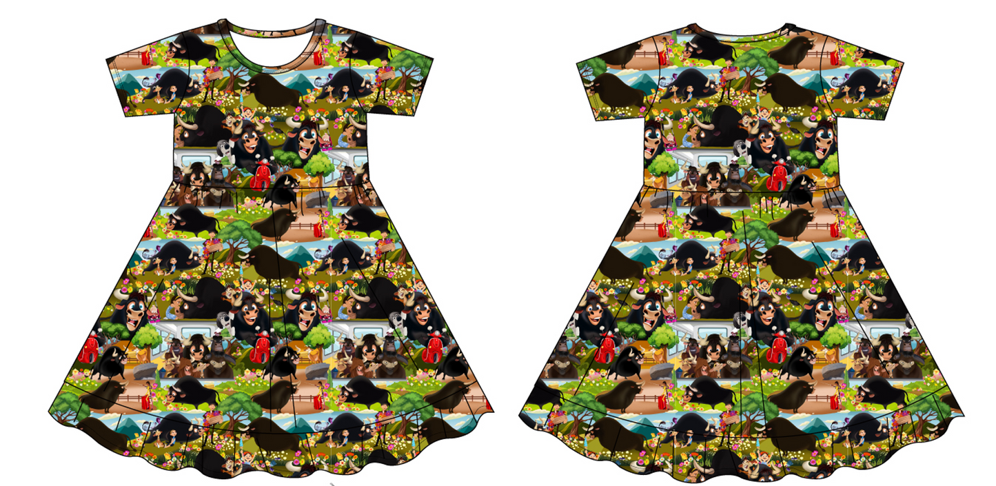 Flower Bull Short Sleeve Twirl Dress