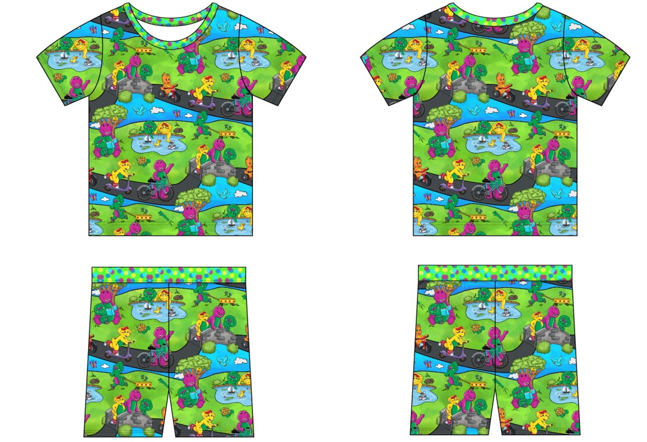 Purple Dinosaur 2 Piece Short Sleeve and Shorts Pajamas