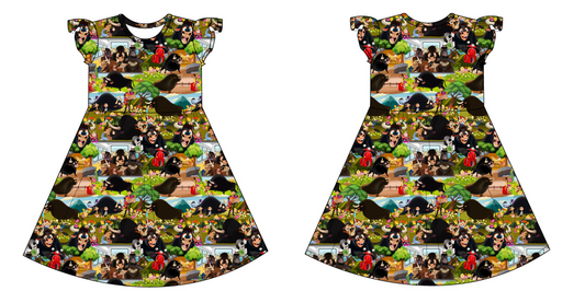 Flower Bull Short Sleeve Twirl Dress with Flutter Sleeves