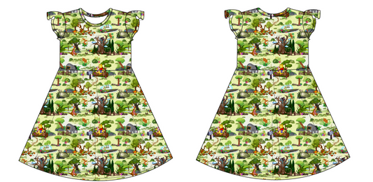 Forest Friends Short Sleeve Twirl Dress with Flutter Sleeves
