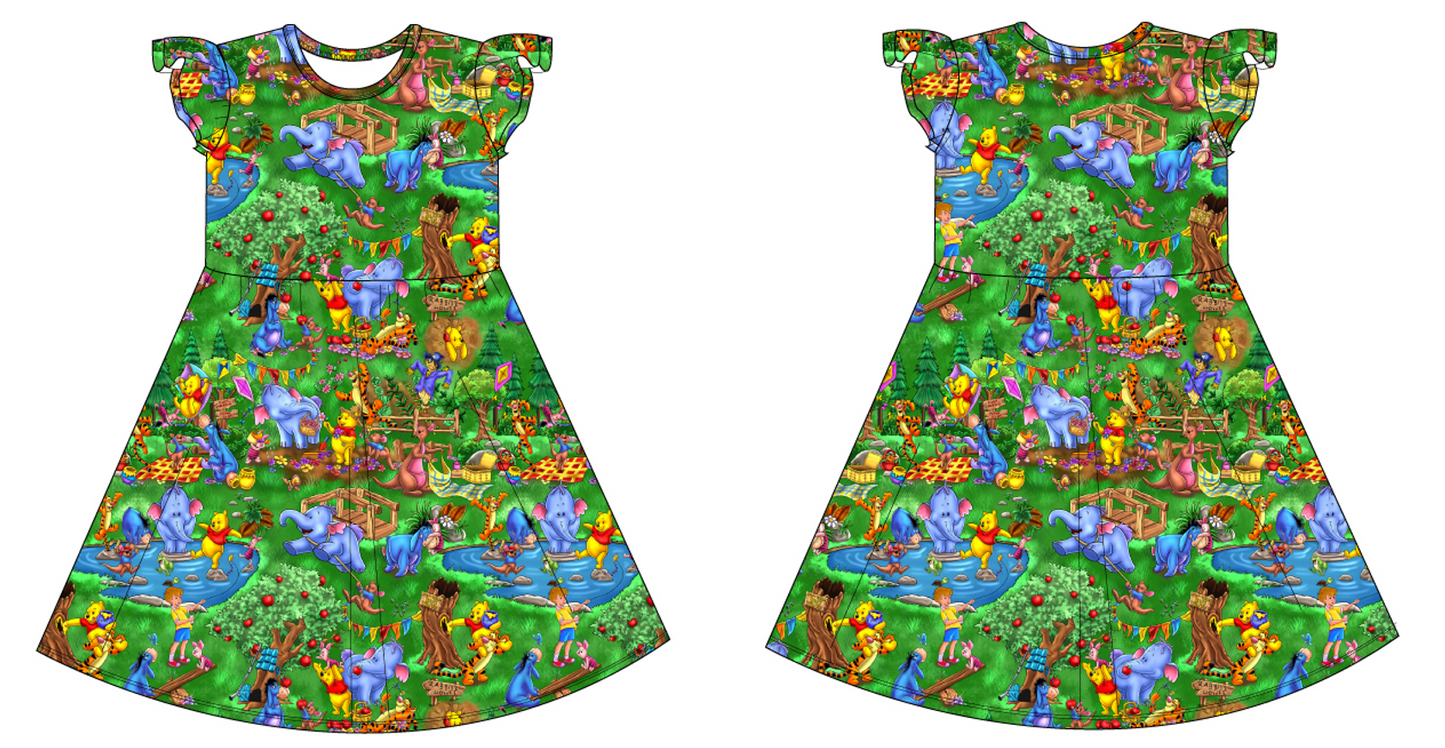 Pooh Picnic Short Sleeve Twirl Dress with Flutter Sleeves